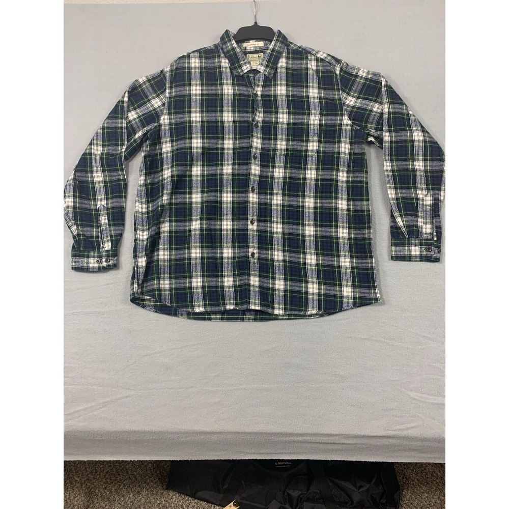 L.L. Bean Mens XL Flannel Shirt Green Blue White Plaid Traditional Fit Cotton